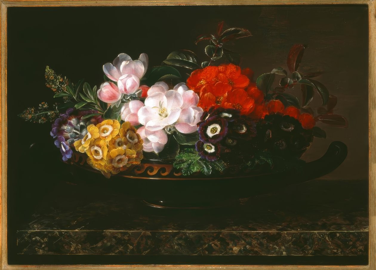 J.L. Jensen, Bloemenstilleven in antieke schaal door Johan Laurentz Jensen