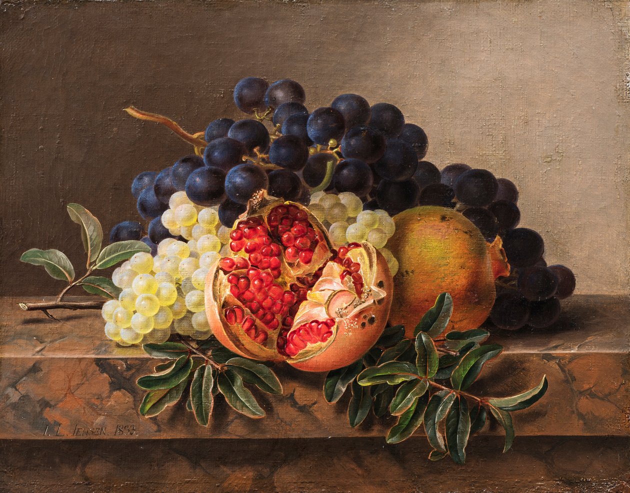 Granaatappels en groene en blauwe druiven op een marmeren lijst, 1833 door Johan Laurentz Jensen
