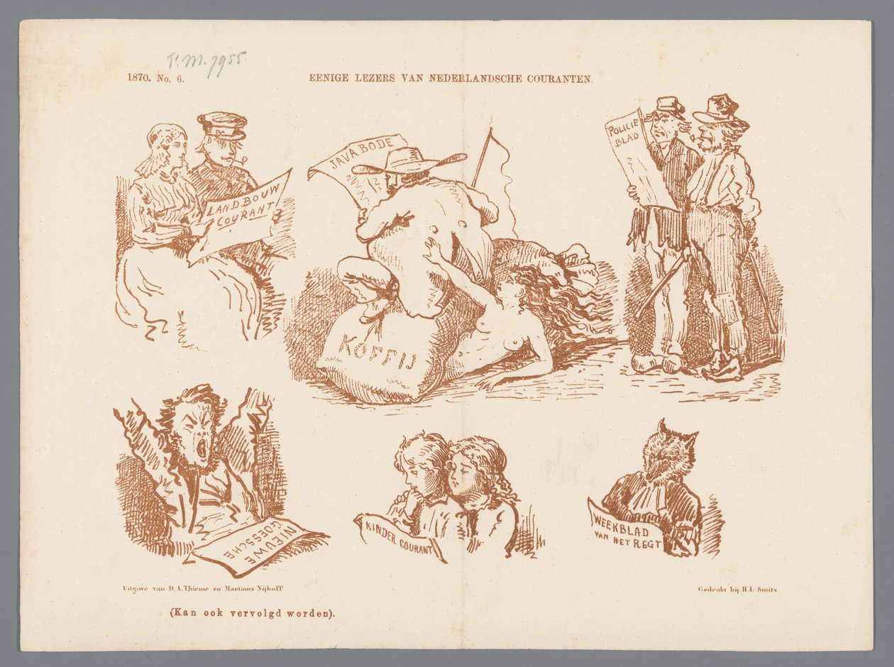 Spotprent op de verschillende soorten courantlezers, 1870 door Johan Michaël Schmidt Crans