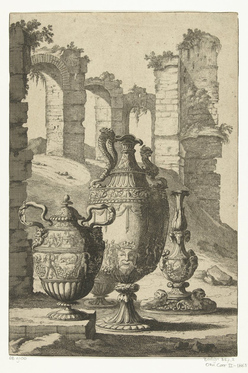 Drie vazen en een kandelaar door Johan Teyler (attributed to)