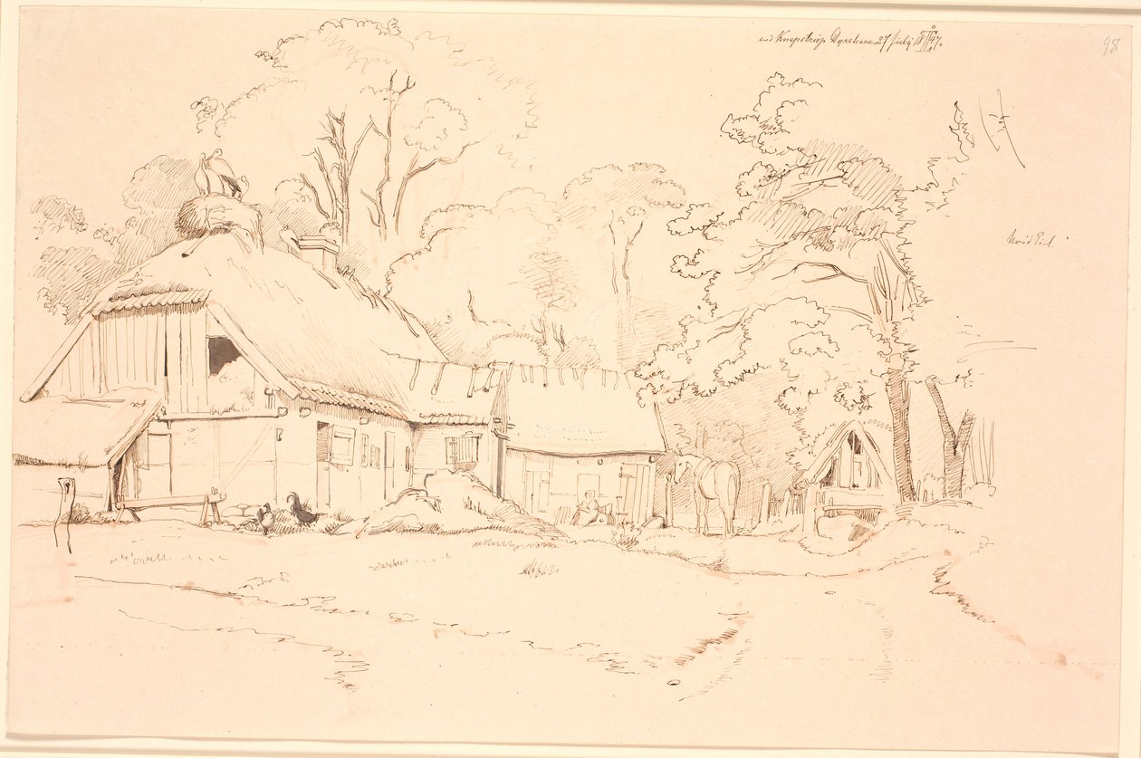 Boerenhuis met een Ooievaarsnest op het Dak door Johan Thomas Lundbye