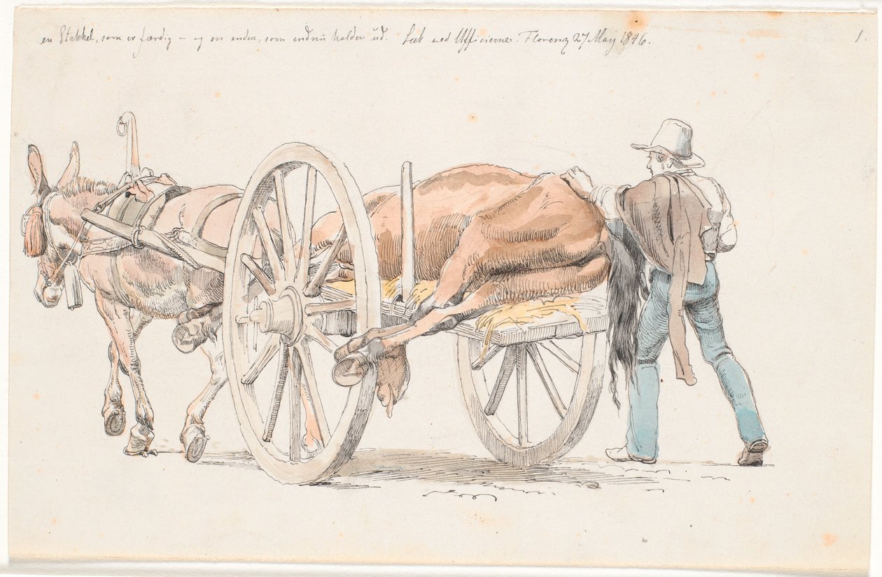 Een Dood Paard wordt Weggereden op een Ezelkar door Johan Thomas Lundbye
