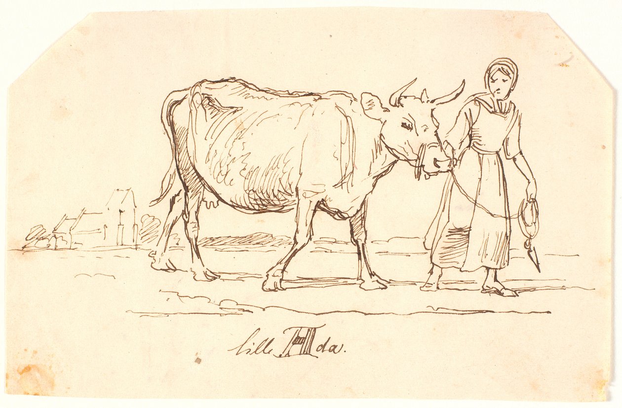 Een Meisje dat een Koe Trekt in een Landschap met een Kerk. "Kleine Ada" door Johan Thomas Lundbye