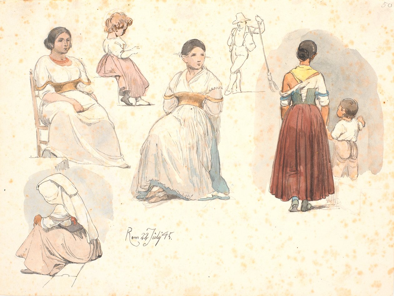 Vier Studies van Italiaanse Vrouwen, een met een Kind aan de Hand, en een Studie van een Kind, en een Studie van een Straatveger door Johan Thomas Lundbye