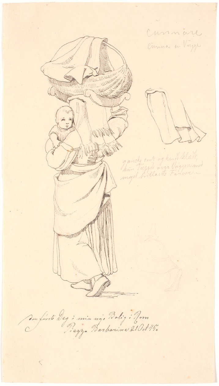 Italiaanse vrouw met haar kind op de arm en zijn wieg op haar hoofd. Rechts studie van haar hoofddeksel door Johan Thomas Lundbye