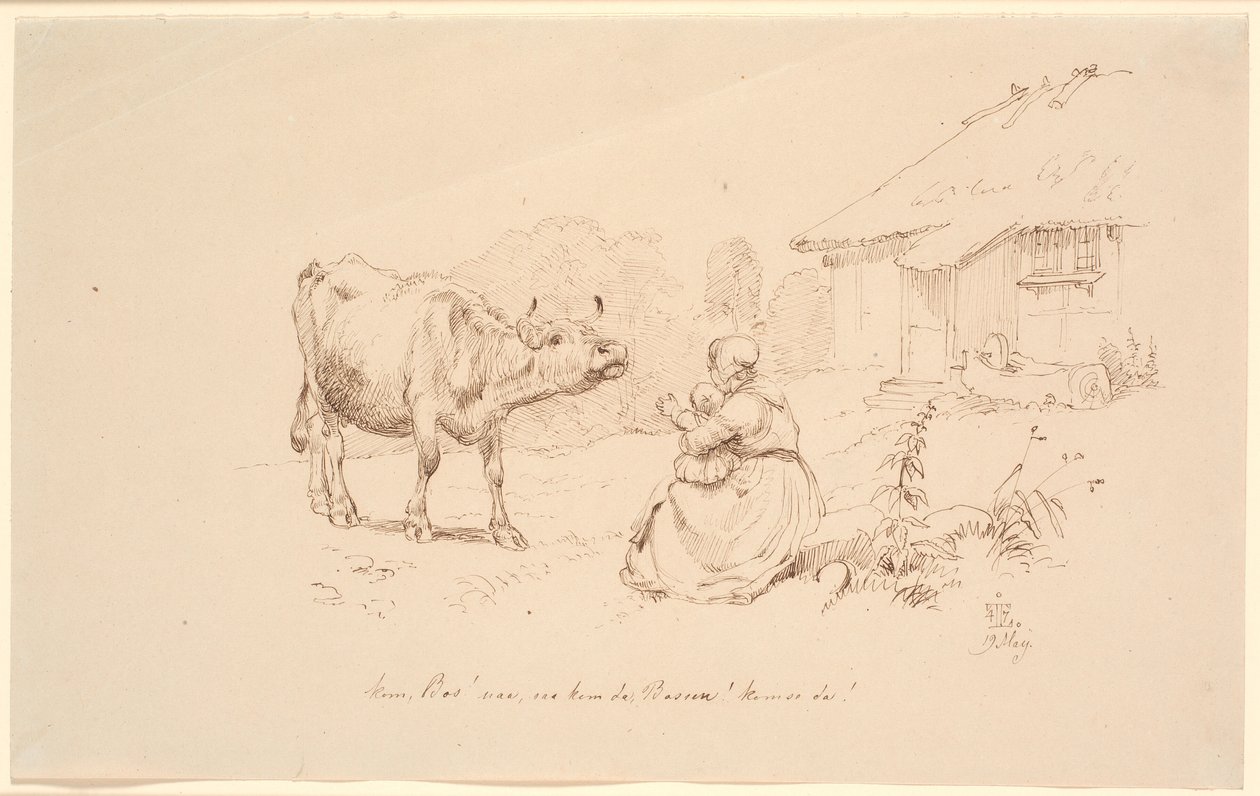 Kom Bos!. Buiten een boerderij zit een vrouw met een kind, dat naar een koe reikt door Johan Thomas Lundbye