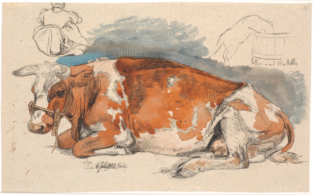 Liggende koe. Links boven een zittend boerenmeisje, rechts een kat die uit een paardenbloem drinkt door Johan Thomas Lundbye
