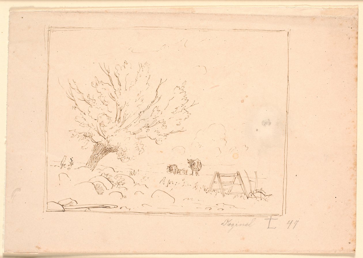 Landschap met een Wilgenboom bij Grote Stenen, een Haan, een Ploeg en Drie Koeien door Johan Thomas Lundbye