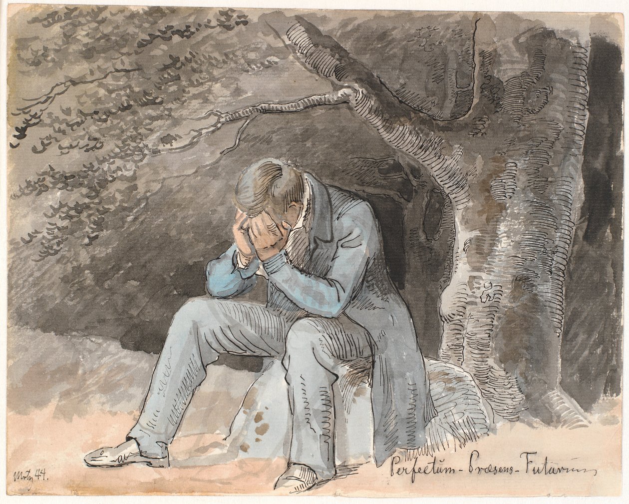 "Perfectum - Præsens - Futurum". Jonge man zittend onder een boom op een steen met handen voor het gezicht door Johan Thomas Lundbye