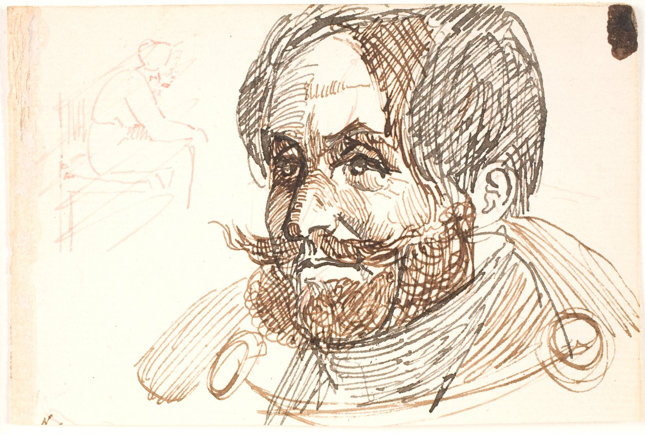 Portret van een bebaarde man in een jas en studie van een zittende vrouw door Johan Thomas Lundbye