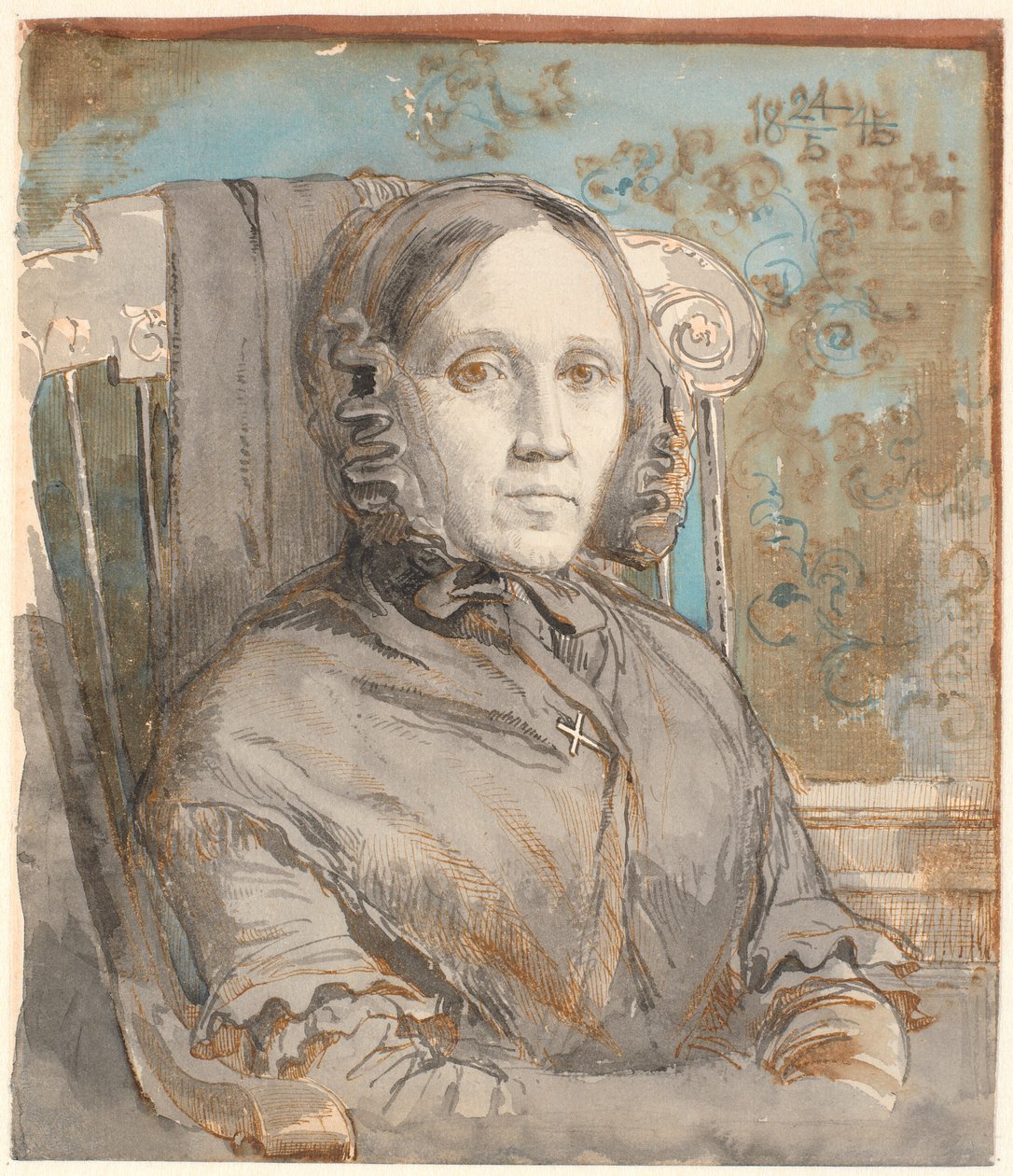 Portret van de moeder van de kunstenaar, kolonel Cathrine Lundbye (geboren Bonnevie); halve figuur zittend in stoel naar rechts door Johan Thomas Lundbye