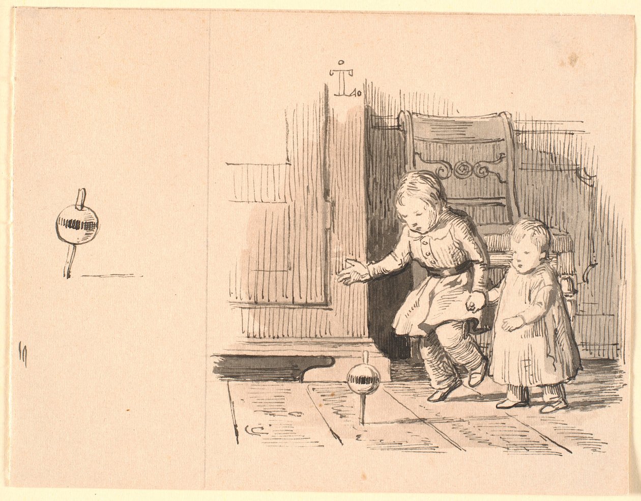 De rommelpot. Links een kleine studie van de rommelpot door Johan Thomas Lundbye