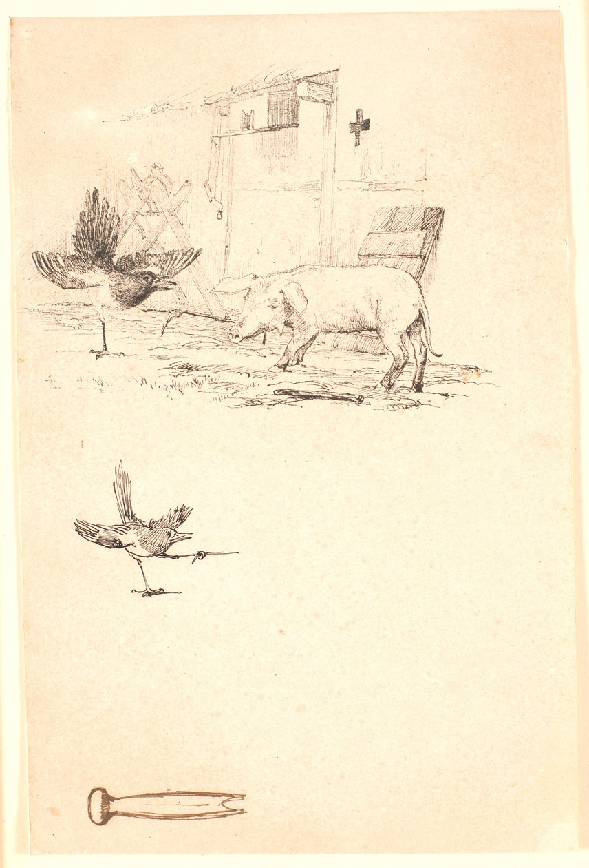 De ooievaar en het varken. Onder een studie van de ekster en een stuk gereedschap. Illustratie voor Kaalunds "Fabels voor kinderen". Zie opmerking uit het archiefcatalogus. door Johan Thomas Lundbye