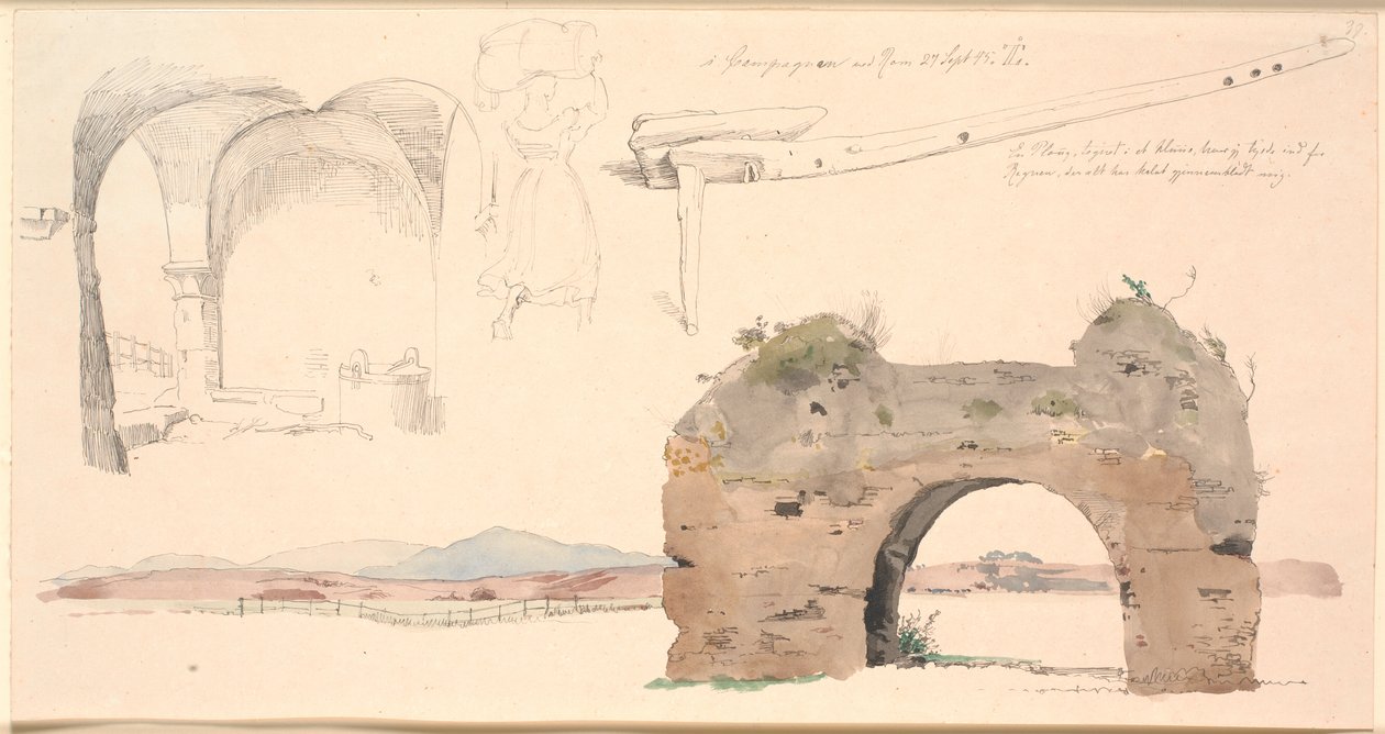 Studieblad van de Romeinse Campagne, Italië. Onderaan aquarelstudie van een Romeinse aquaductboog met uitzicht op lage bergen. F.o. studie van open ruimte met platte gewelven, in het midden een Italiaanse vrouw die een grote bundel op haar hoofd draagt, t. door Johan Thomas Lundbye