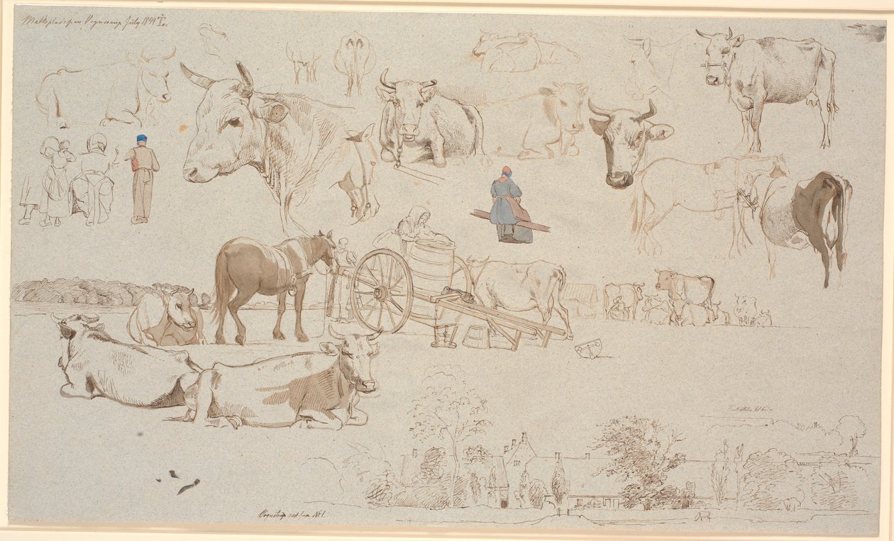 Studieblad van de melkplaats in Vognserup. Bovenaan vooral studies van koeien, in het midden o.a. melkwagen en onderaan hoofdgebouw en bijgebouwen van Vognserup door Johan Thomas Lundbye