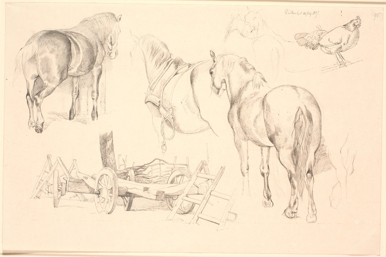 Studieblad met paarden, landbouwgereedschap en een kip op haar nest