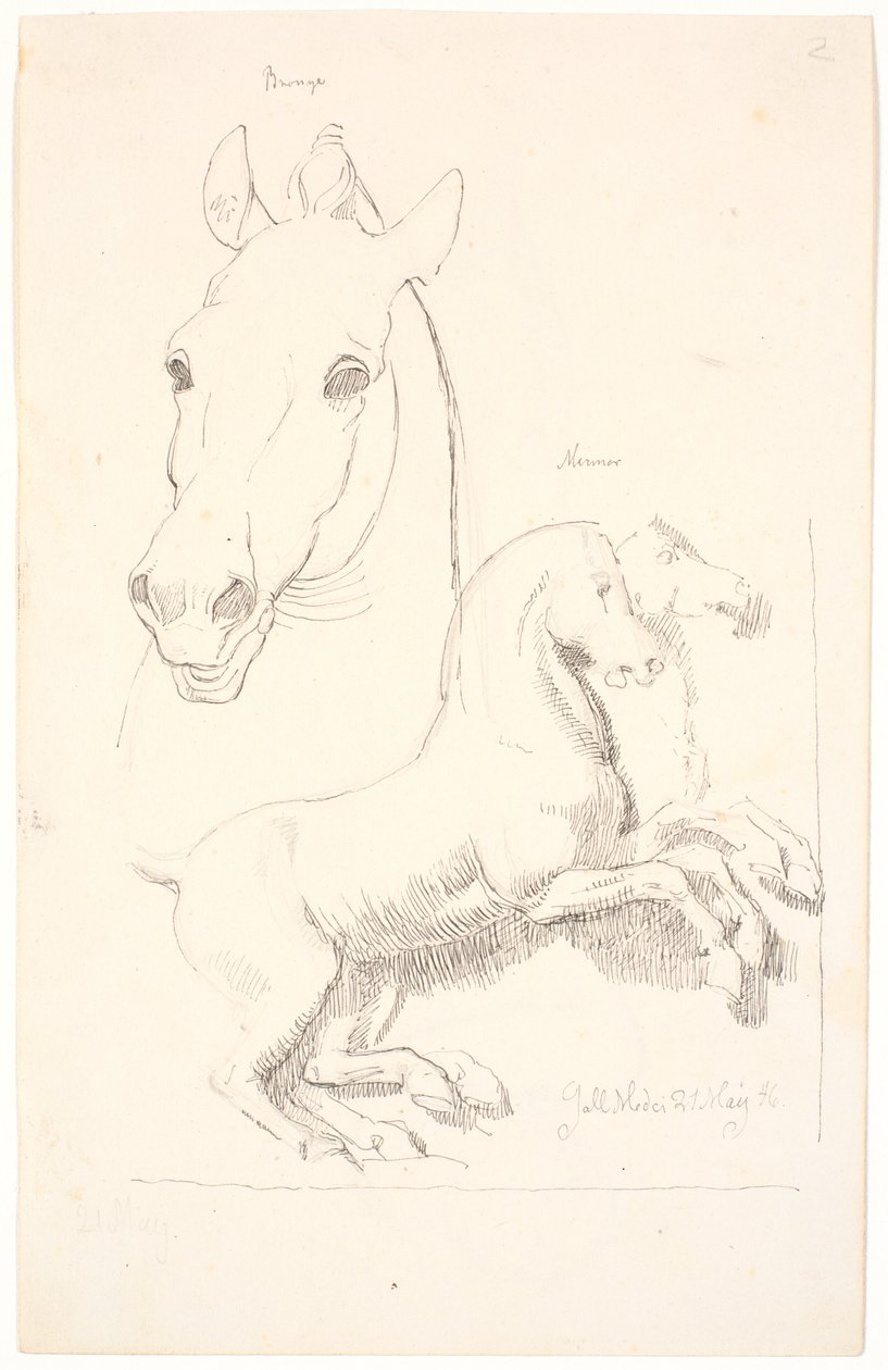 Studier naar antieke sculpturen. Boven een paardenhoofd, onder een reliëf met twee paarden door Johan Thomas Lundbye