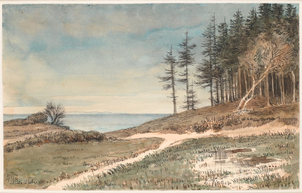Uitzicht op Kullen vanaf het strand bij Hellebæk door Johan Thomas Lundbye