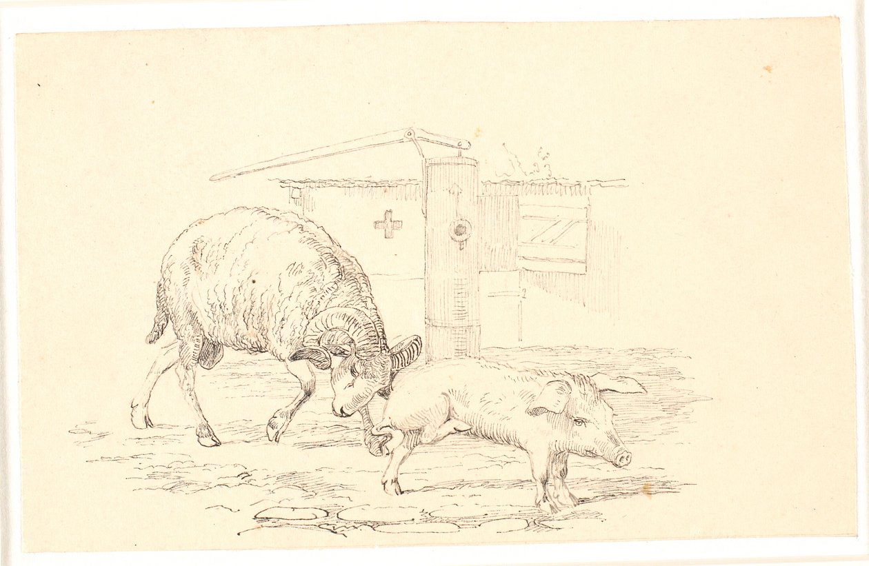 De ram en het varken. Illustratie voor Kaalunds "Fabels voor kinderen". Zie opmerking uit het archiefcatalogus. door Johan Thomas Lundbye