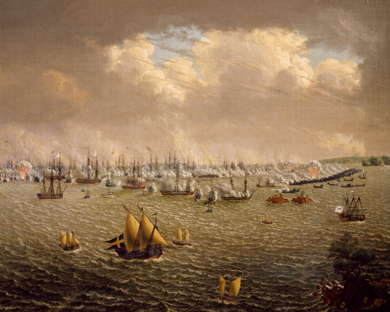 Slag bij Skargard tussen Zweedse en Russische vloten vanwege Zweedse heerschappij over Finland, 10 juli 1790 door Johan Tietrich Schoultz