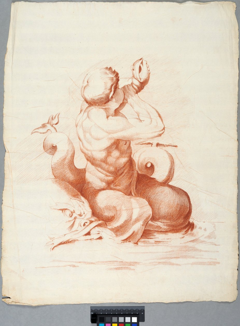 Akademiezeichnung. Detail einer Deckendekoration mit Peleus und Thetis in der Galleria Farnese, Rom, Triton bläst eine Muschel door Johan Tobias Sergel