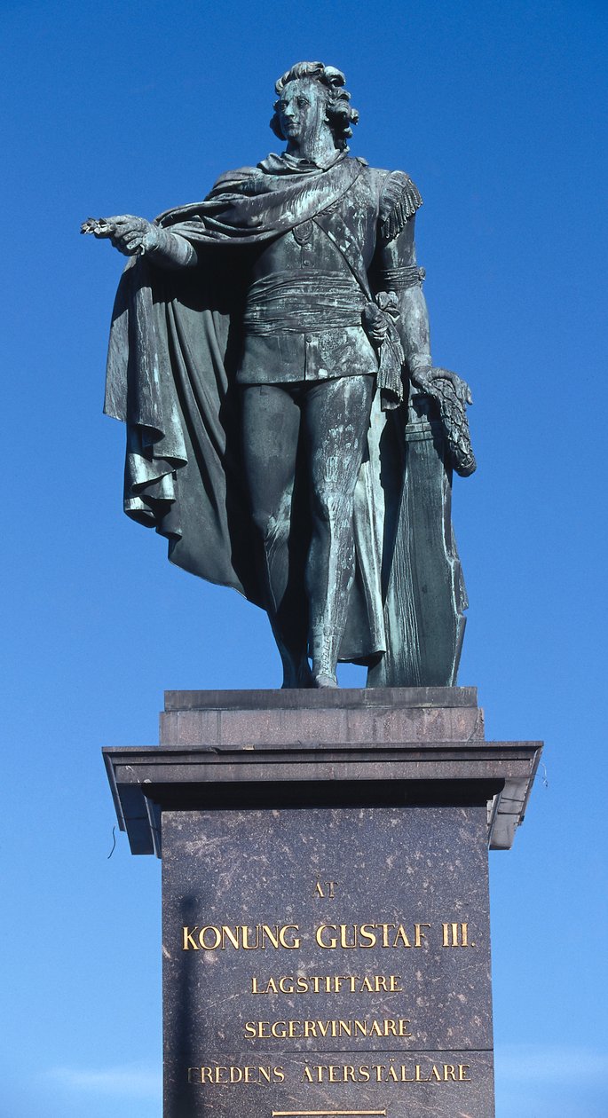 Standbeeld van koning Gustav III, gebeeldhouwd in 1799 ter nagedachtenis aan de koning die in 1792 werd vermoord, Gamla Stan (De Oude Stad), Stockholm, Zweden (foto) door Johan Tobias Sergel