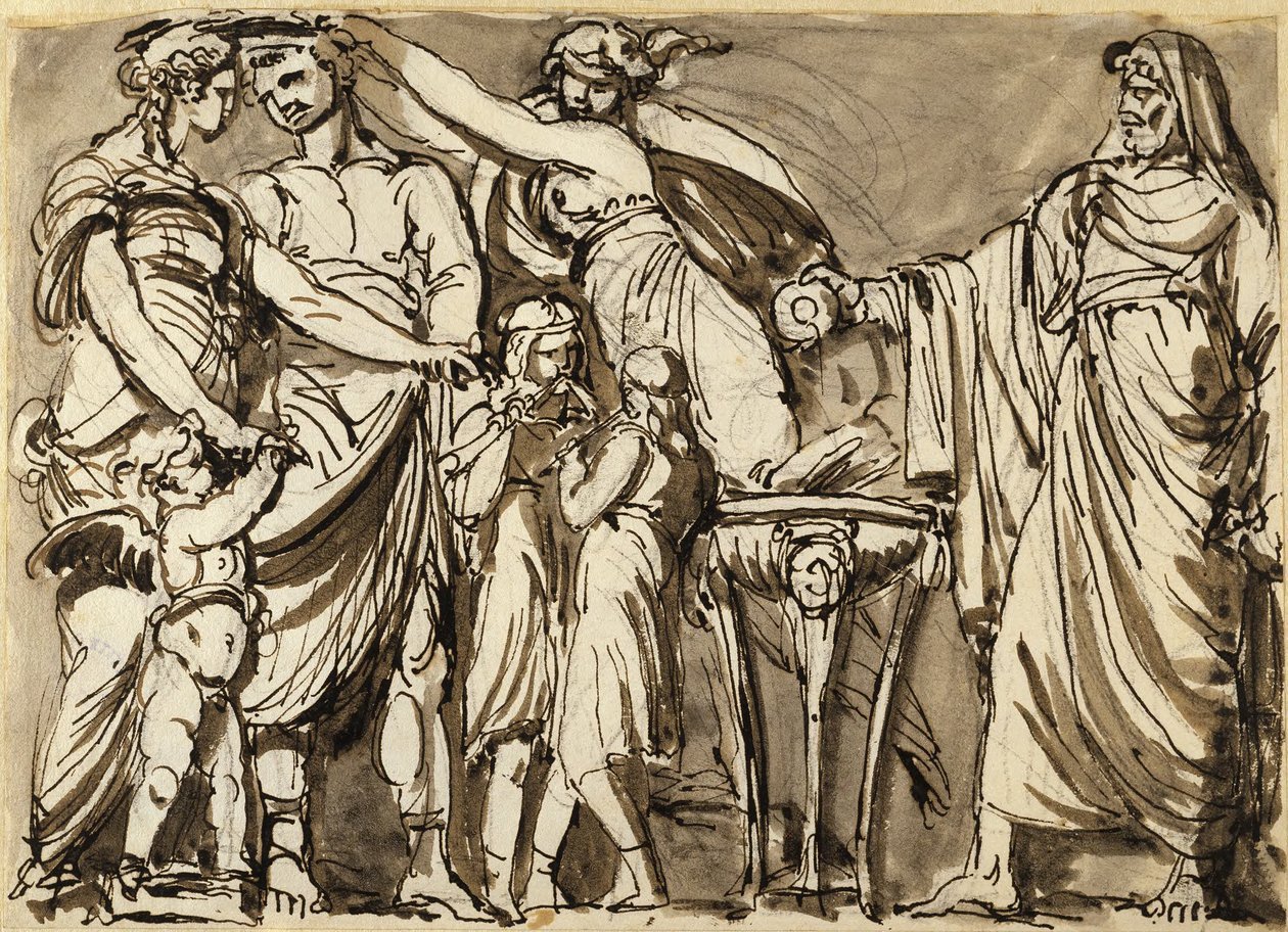 Ontwerp voor een reliëf met een antieke huwelijksscène door Johan Tobias Sergel