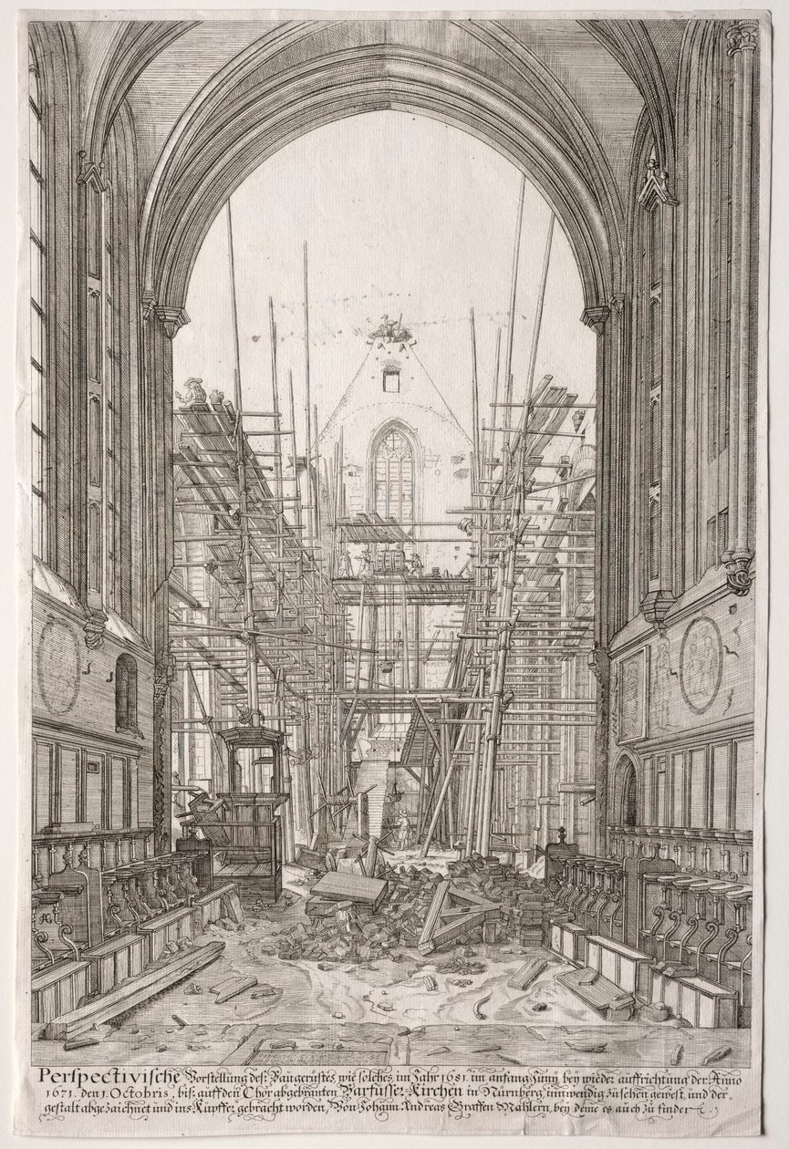LArt Ancien Zurich: Uitzicht in de kerk van de Franciscanen, Barfüsser-Kirke, 1681 door Johan Ulrich Krauss