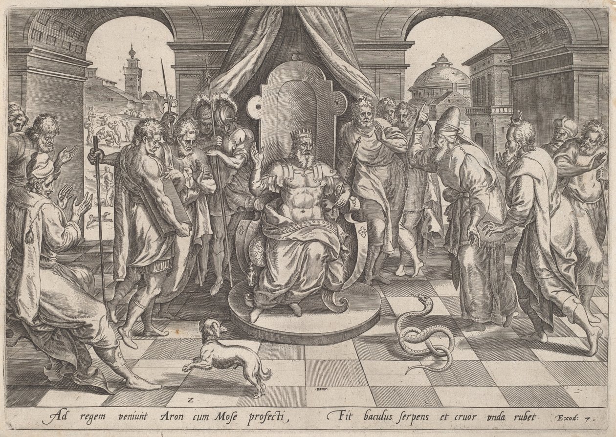 Mozes en Aäron voor de Farao door Johan Wierix, after Maarten van Cleef