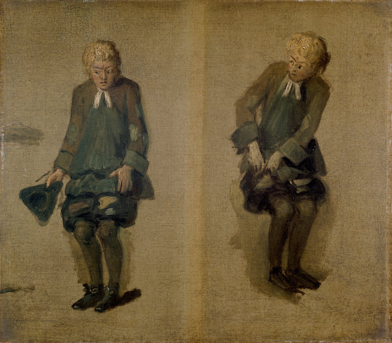 Twee schetsen van David Garrick als Abel Drugger in 