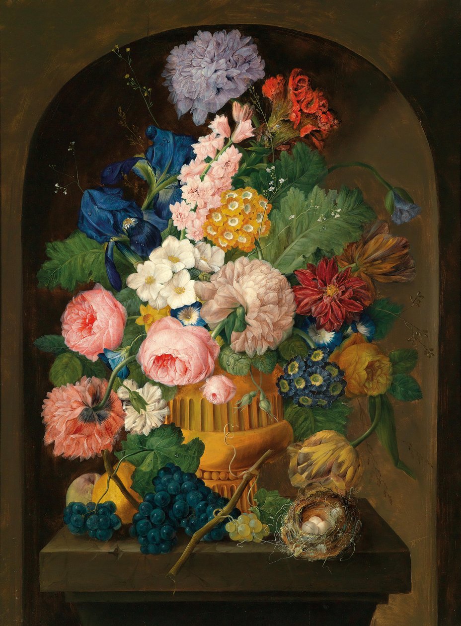 Bloemenstilleven met een vogelnest door Johann Baptist Drechsler