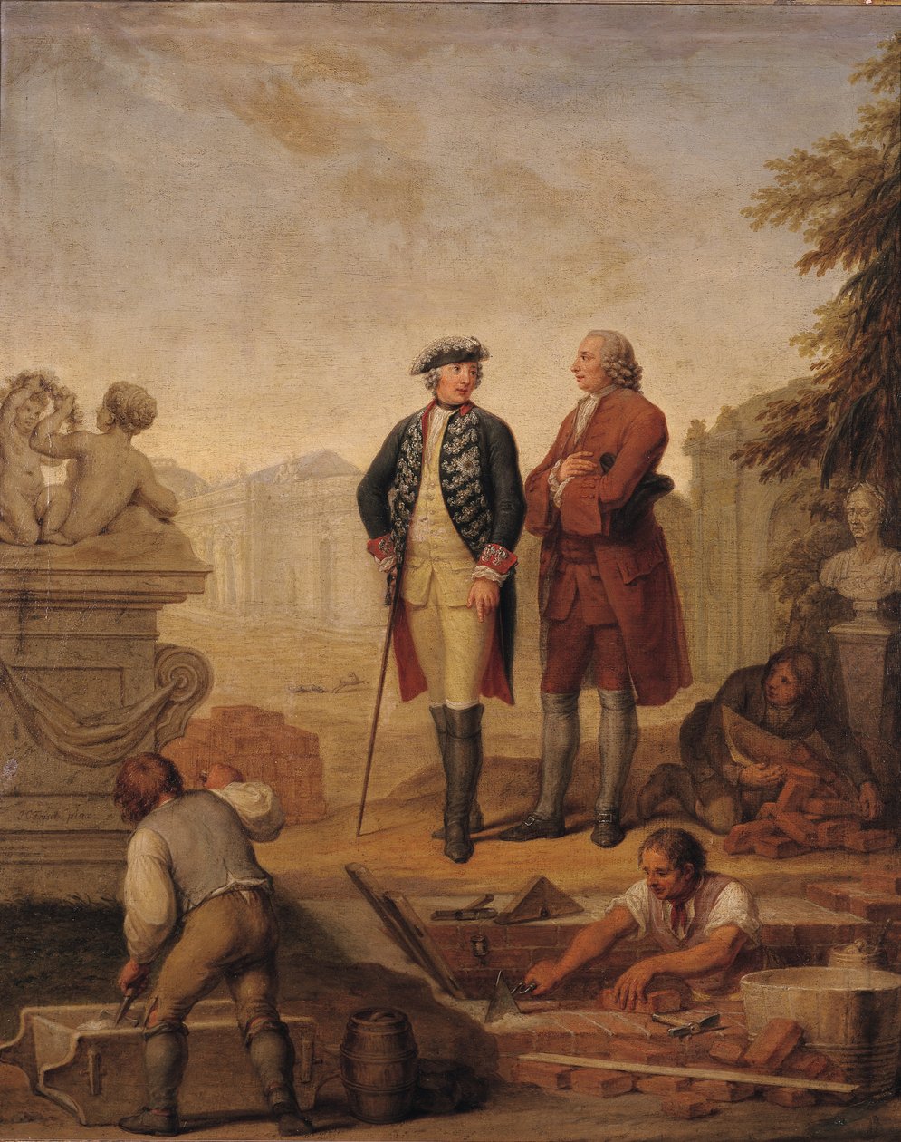 Koning Frederik II van Pruisen en de markies van Argens inspecteren de bouw van Sanssouci in Potsdam door Johann Christoph Frisch