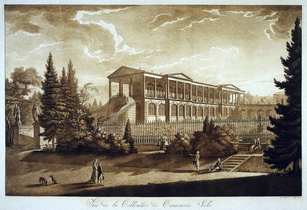 Uitzicht op de Cameron Galerij in Tsarskoe Selo door Johann Christoph Mayr