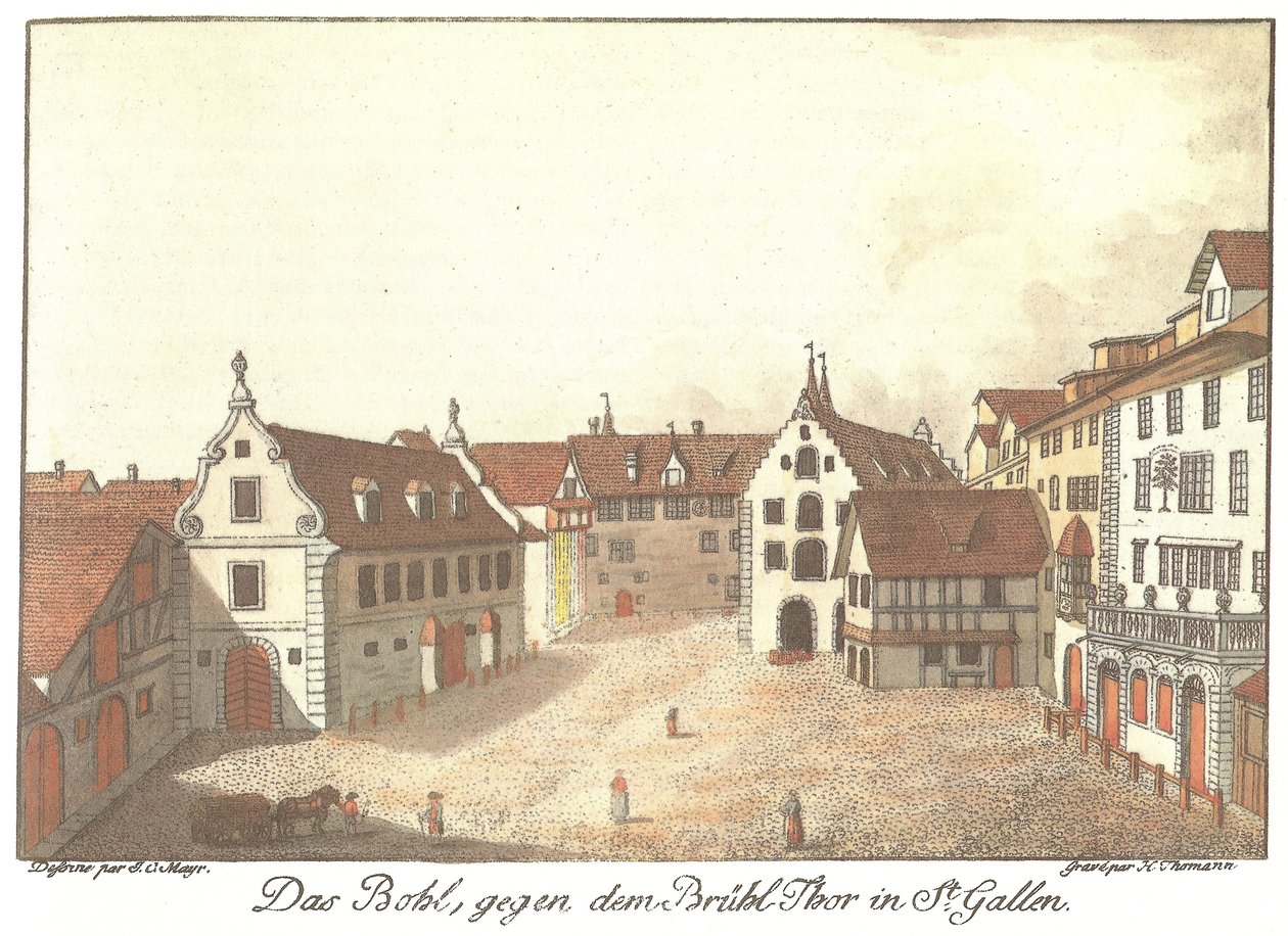 Het Bohl, naar de Brühl-poort in St. Gallen door Johann Conrad Mayr
