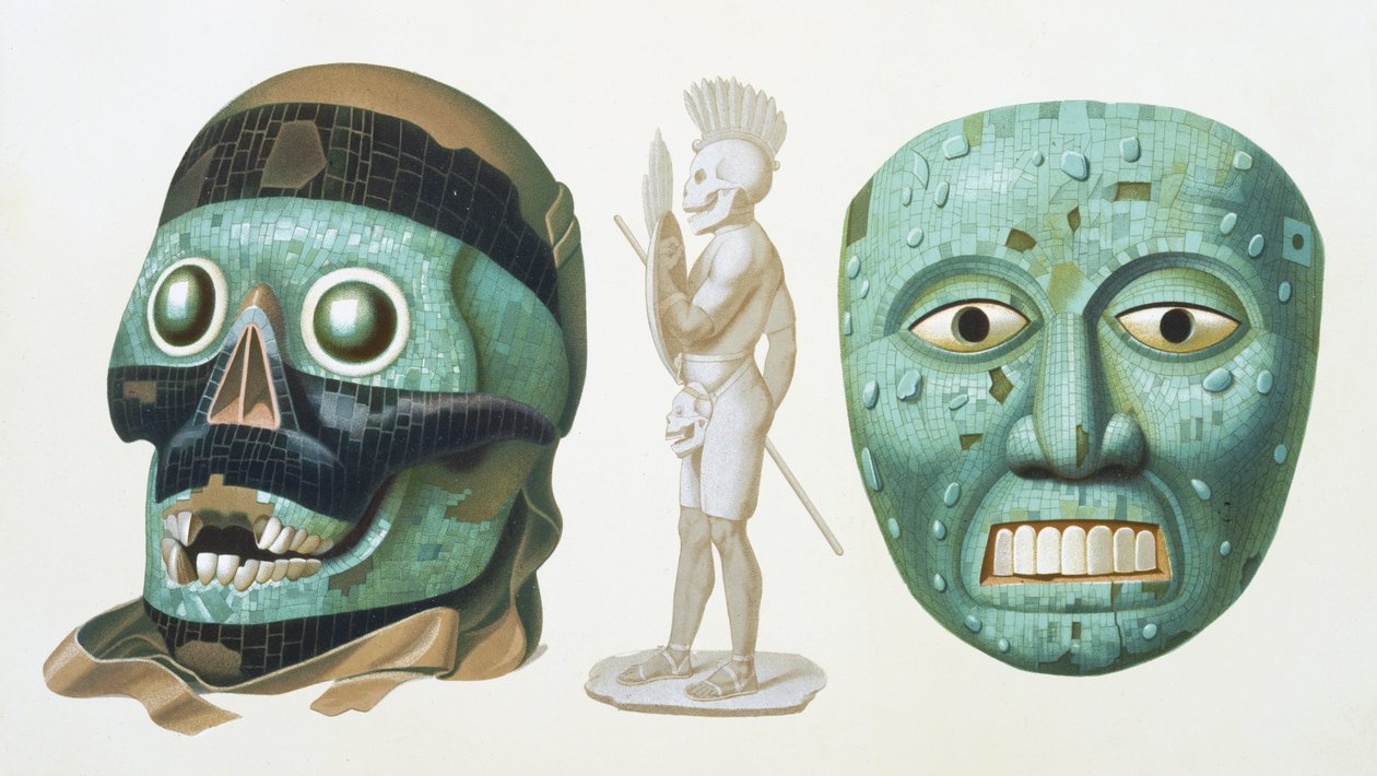 Linker: schedelmasker van de god Tezcatlipoca en rechter: masker dat de god Quetzalcoatl of Tonatiuh voorstelt, ca. 1500, plaat 43 uit 
