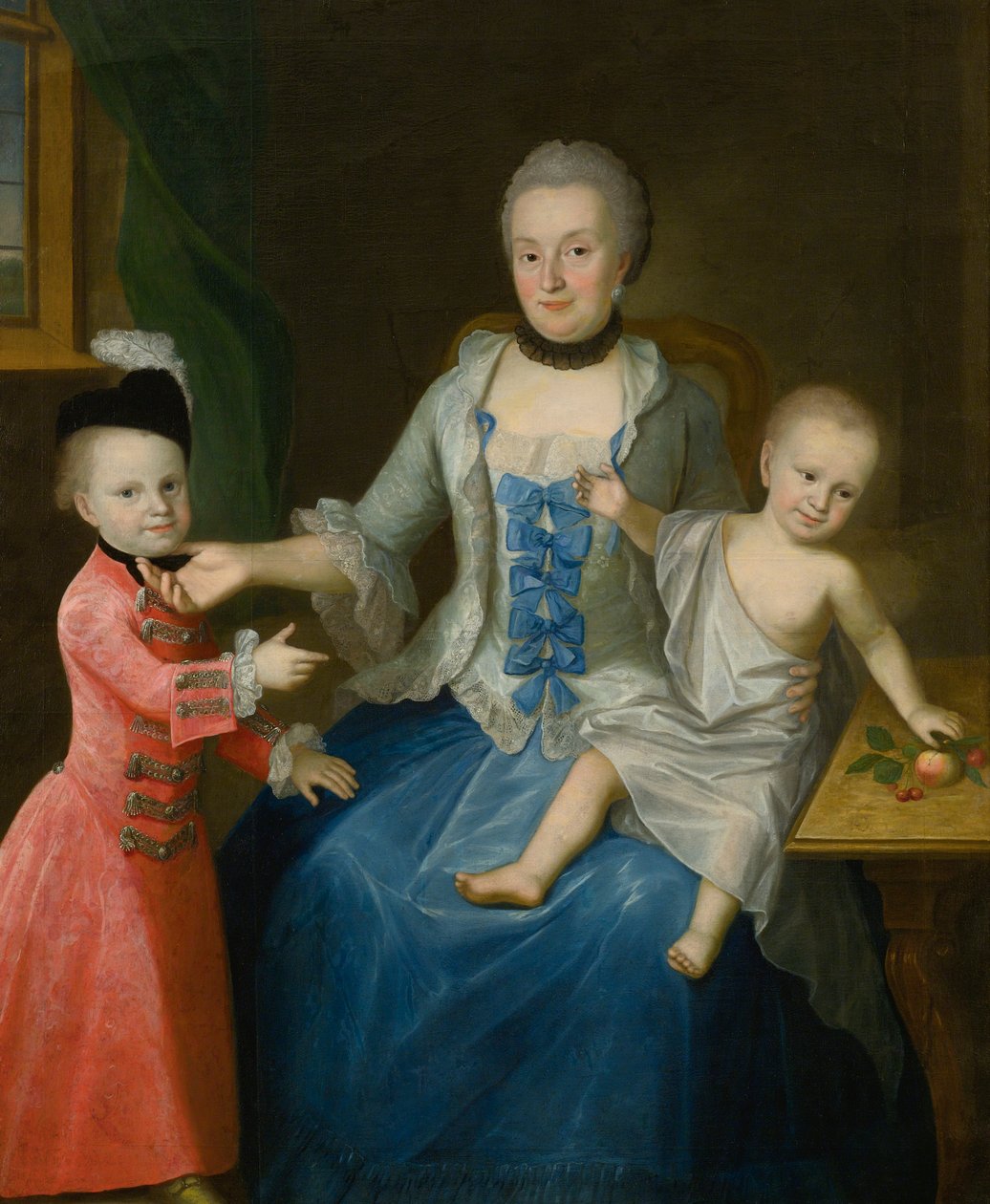Portret van Friederica Adolphina, gravin van Schlieben, en haar twee zonen, Gotthelf Sigismund en Adolf Friedrich door Johann Gottlieb Becker