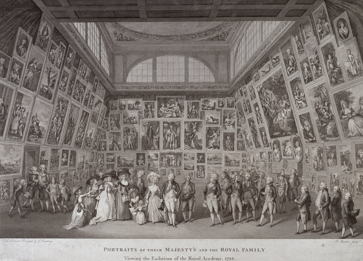 Interieur van Somerset House met koning George III, koningin Charlotte en de koninklijke familie die een tentoonstelling van de Royal Academy of Arts bekijken door Johann Heinrich Ramberg