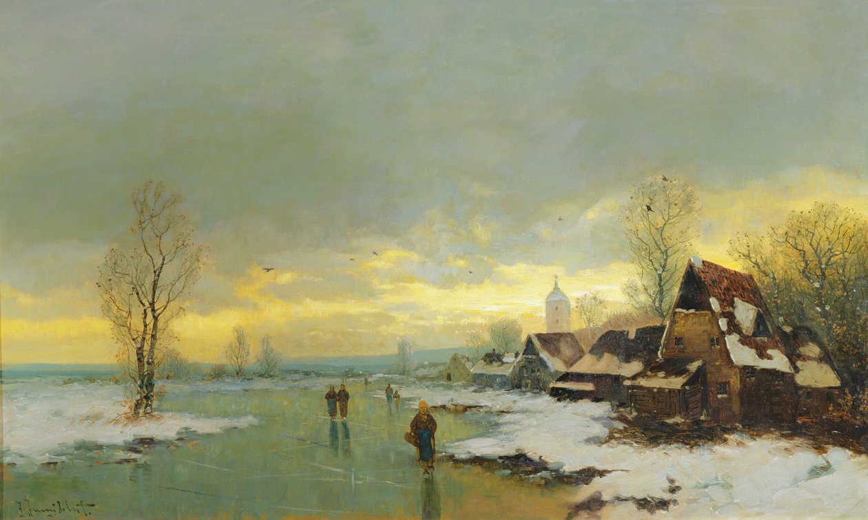 Mensen wandelen op een bevroren rivier door Johann II Jungblut