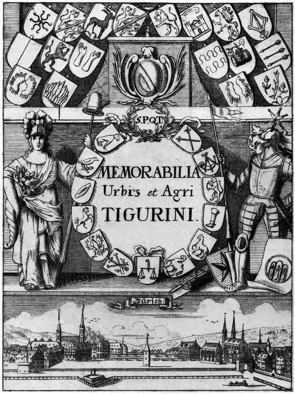 Titelgravure van de in 1742 verschenen derde, uitgebreide editie van Hans Heinrich Bluntschlis Memorabilibus Tigurinis door Johann Melchior Füßli