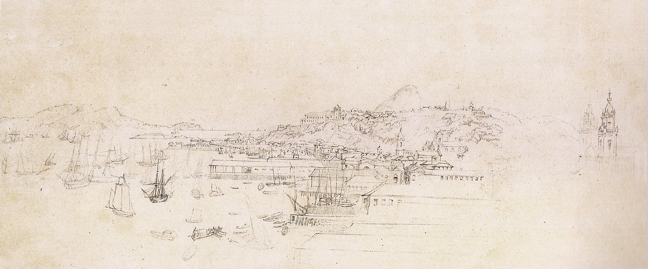 Studie voor een uitzicht vanaf de kerk van Sao Bento in Rio de Janeiro door Johann Moritz Rugendas