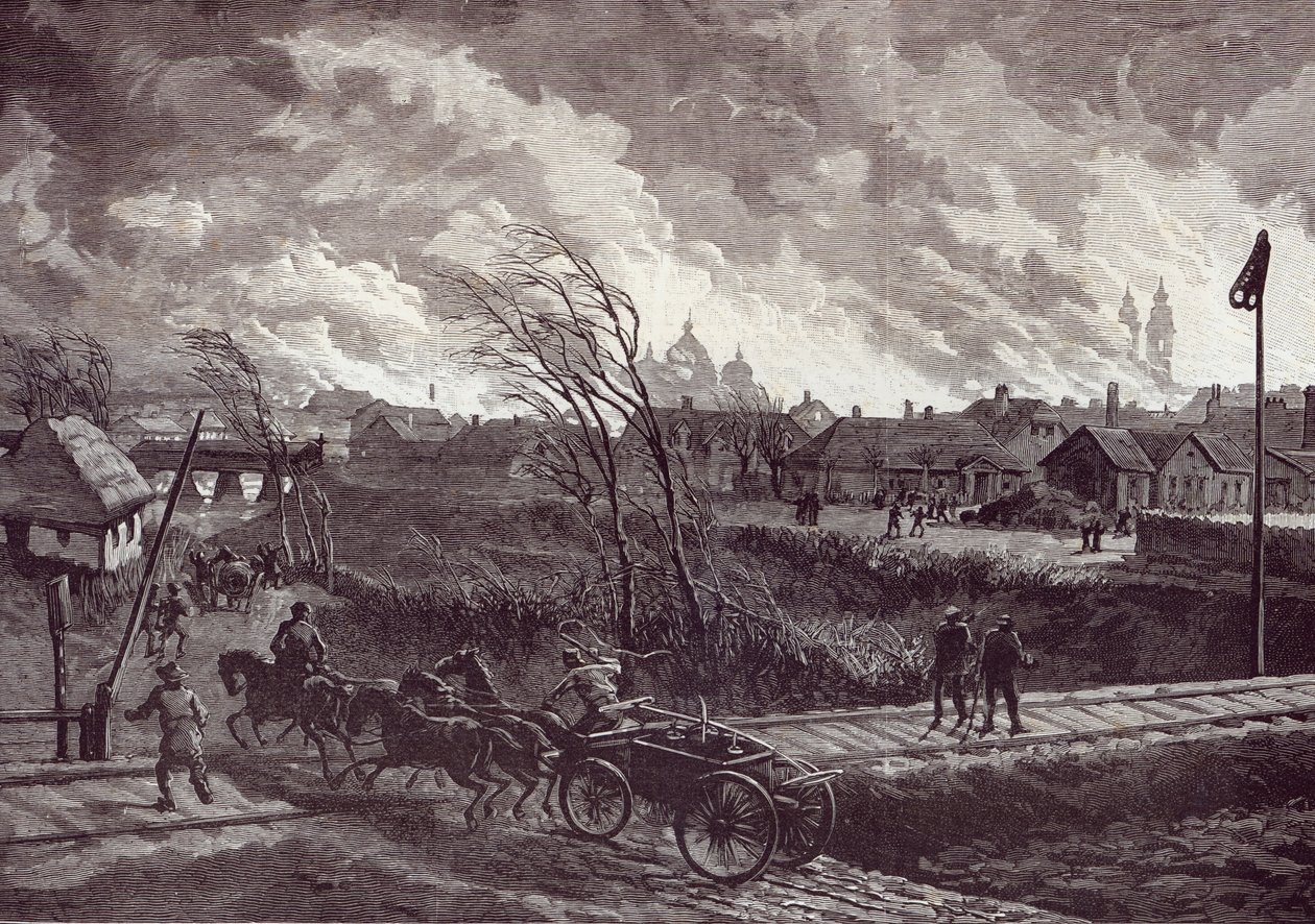 De brand van Stry, nabij Lemberg, uit The Illustrated London News, 1 mei 1845 door Johann Nepomuk Schonberg