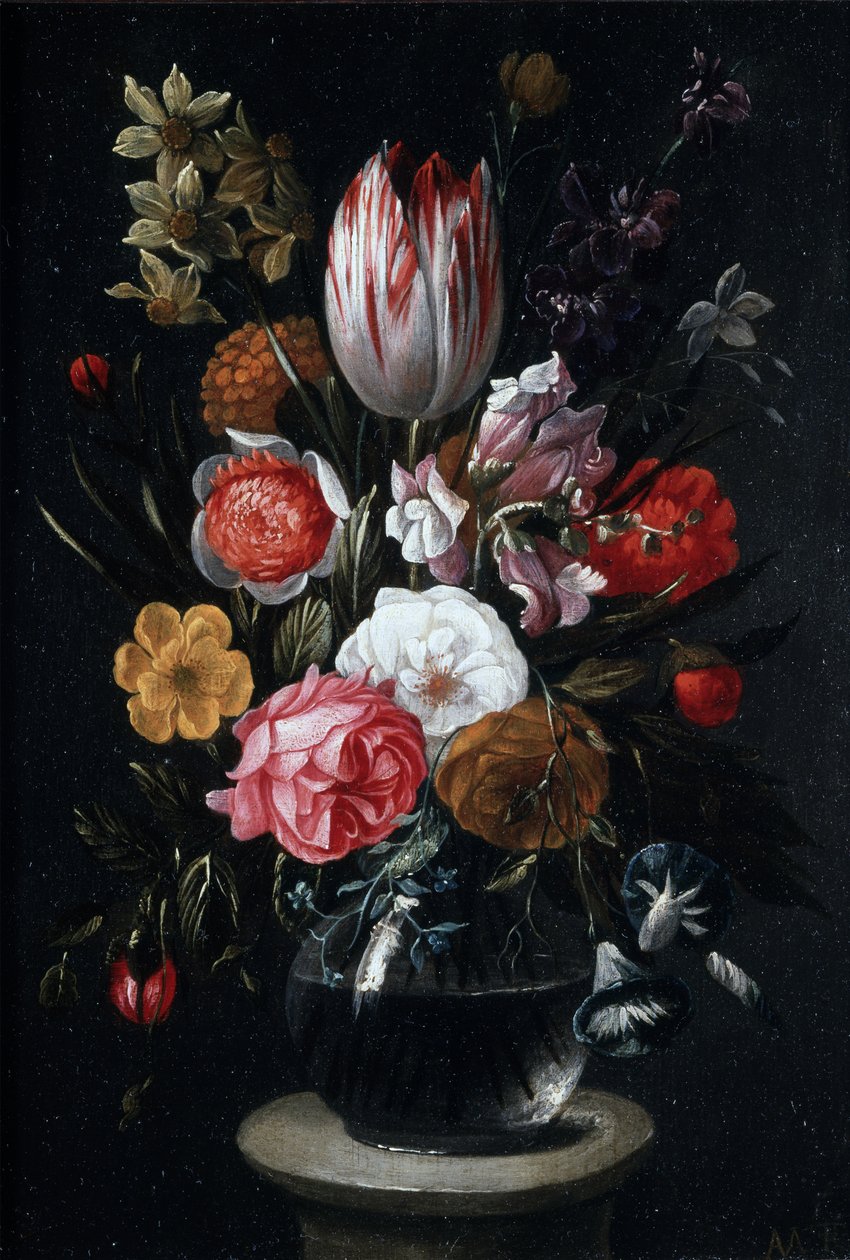 Bloemen in een glazen vaas (olieverf op paneel) door Johann Adalbert Angermeyer