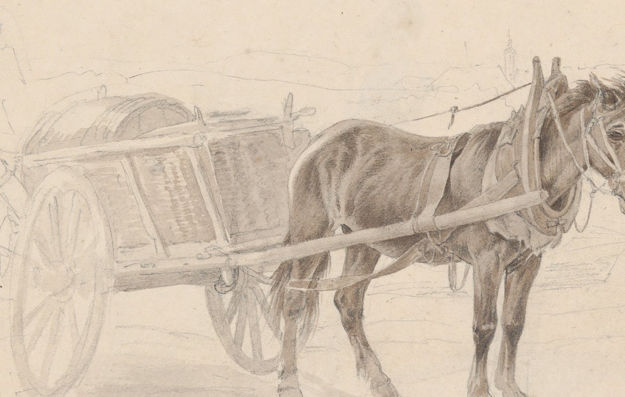 Een kar getrokken door een bruine paard bij een lantaarnpaal, Verso: Een groep bereden officieren, ca. 1815 door Johann Adam Klein