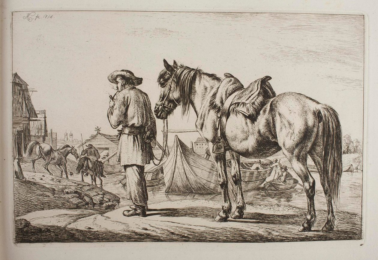 Een Slowaak met zijn paard bij een rivier door Johann Adam Klein
