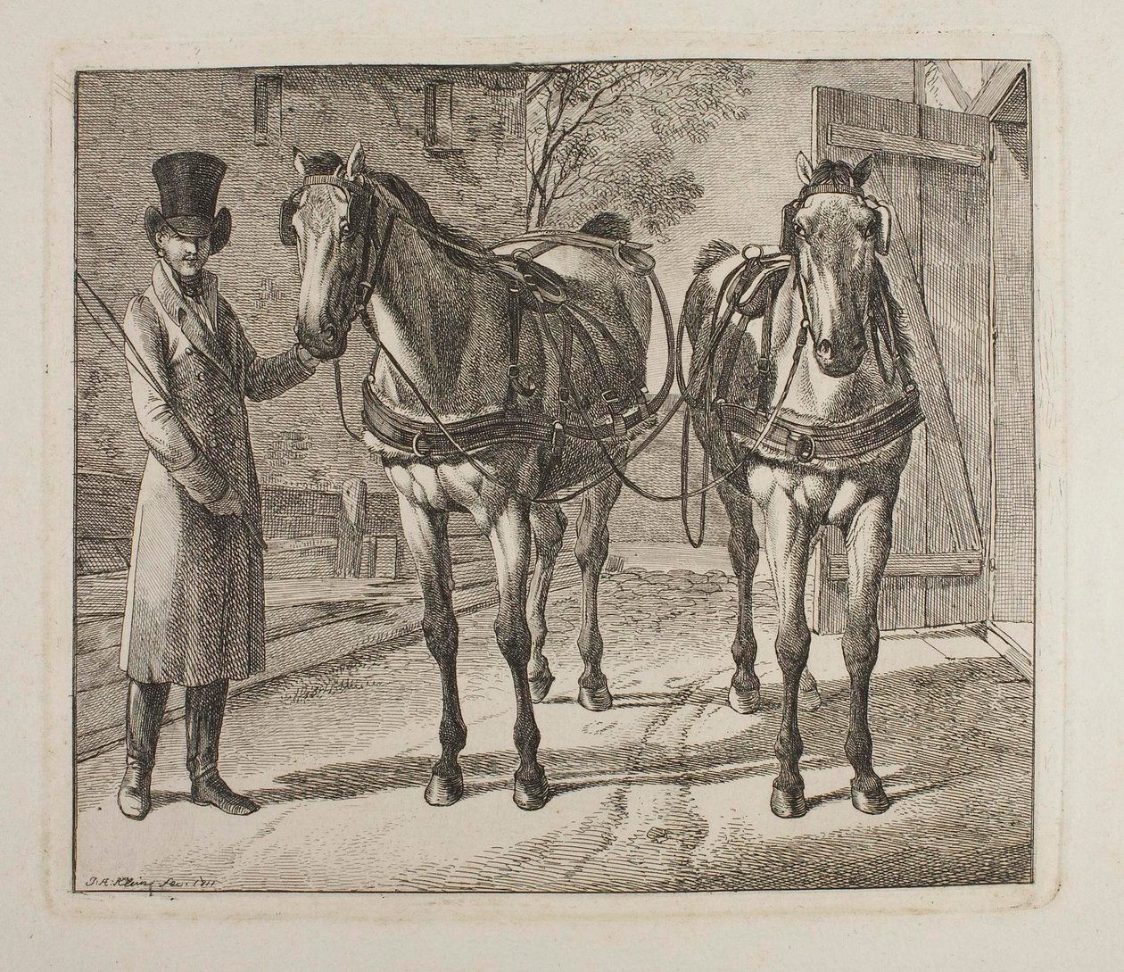 Koetspaarden met tuig door Johann Adam Klein
