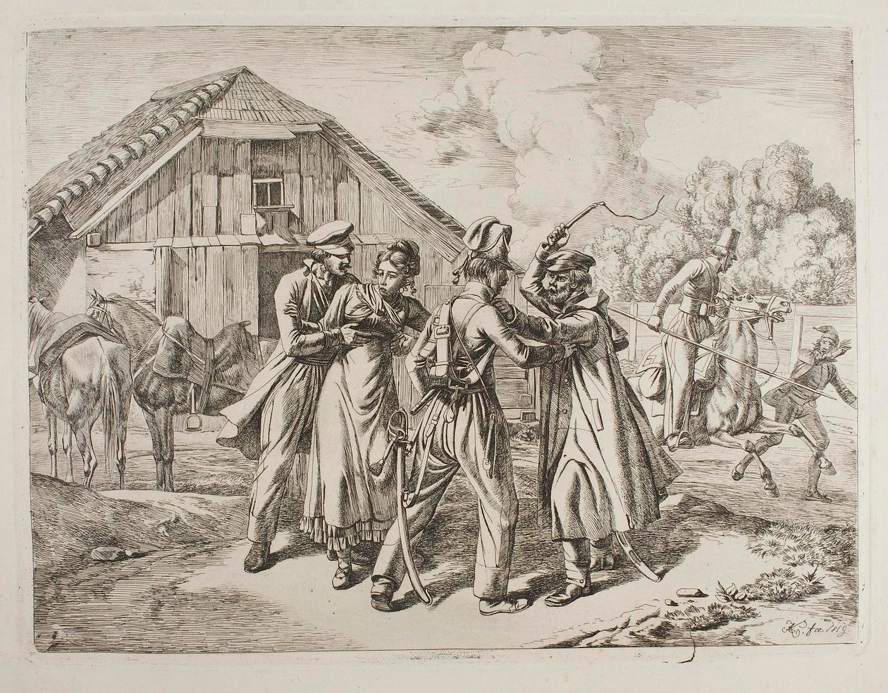 Kozakken dringen een boerderij binnen door Johann Adam Klein