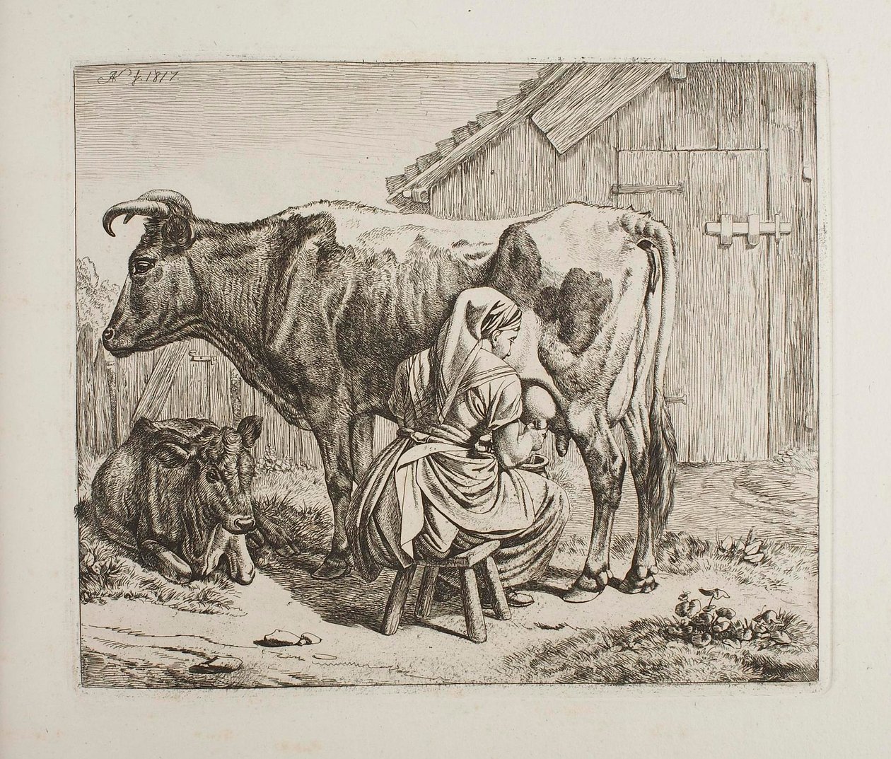 Een koe met kalf die wordt gemolken door Johann Adam Klein