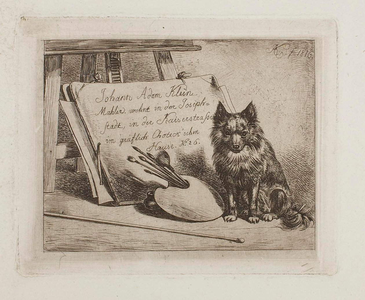 Zittende hond bij de schilderbenodigdheden en de map met het adres van de kunstenaar door Johann Adam Klein