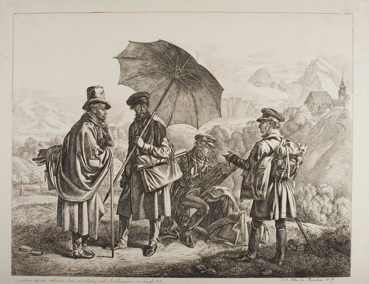 Ernst Welker, Johann Christoph Erhard en de broers Heinrich en Friedrich Philipp Reinhold tijdens een schilderachtige reis van Salzburg naar Berchtesgaden in augustus 1818 door Johann Adam Klein