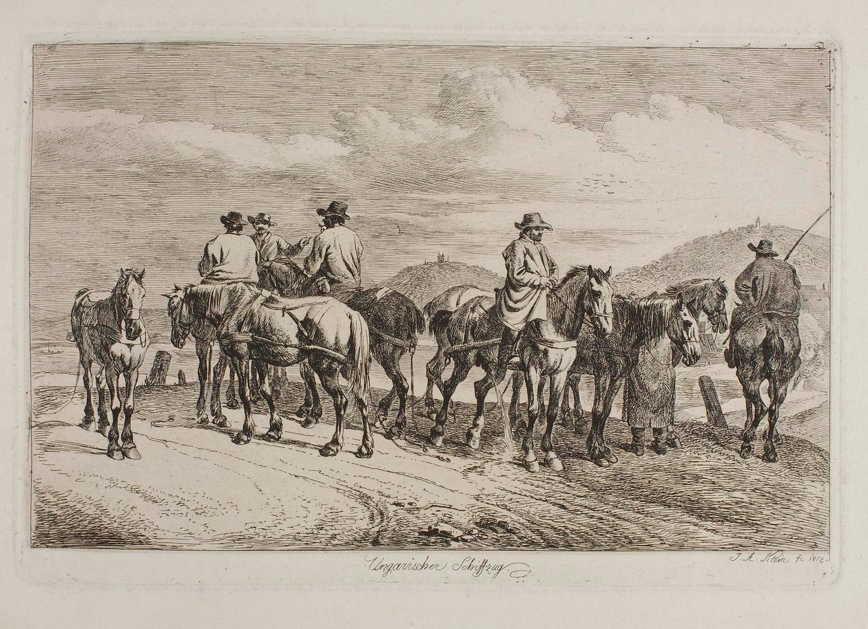 Hongaarse paarden en ruiters staan klaar om een boot stroomopwaarts te trekken door Johann Adam Klein